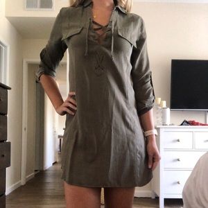 Lace Roll Up Sleeve Shirt Dress